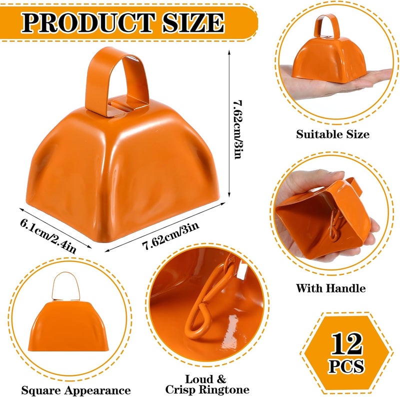 Tobeelec 12 Pcs Metal Cowbells with Handle, Cow Bells Noise Makers for Sporting Events, Small Cow Bell Loud Bells Noisemaker Hand Percussion Cow Bells Noise Makers for Sporting Events, Football Games (Orange) - Image 4